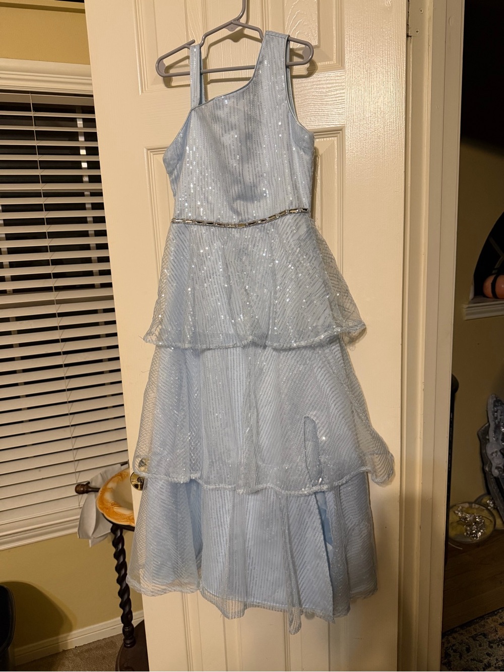 Rare Editions Pale Blue One-Shoulder Sequin Tiered Gown